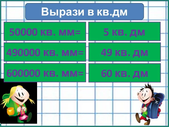 Вырази в кв.дм 50000 кв. мм= 490000 кв. мм= 600000