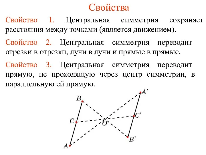 Свойства Свойство 1. Центральная симметрия сохраняет расстояния между точками (является