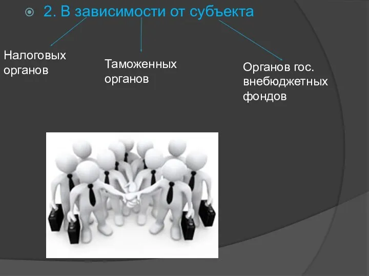 2. В зависимости от субъекта Налоговых органов Таможенных органов Органов гос.внебюджетных фондов