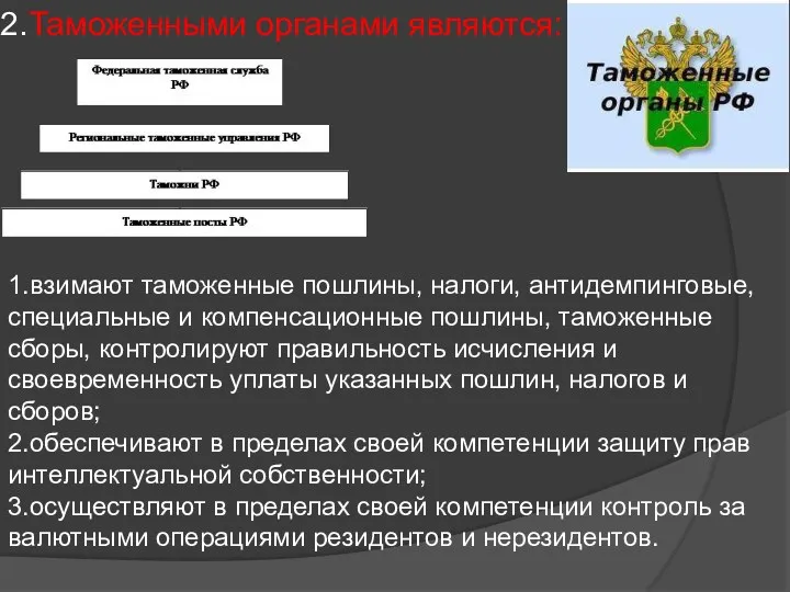 2.Таможенными органами являются: 1.взимают таможенные пошлины, налоги, антидемпинговые, специальные и компенсационные пошлины, таможенные