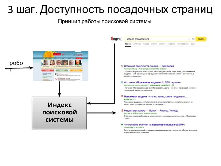 3 шаг. Доступность посадочных страниц Принцип работы поисковой системы Индекс поисковой системы робот