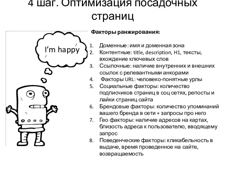 4 шаг. Оптимизация посадочных страниц Факторы ранжирования: Доменные: имя и