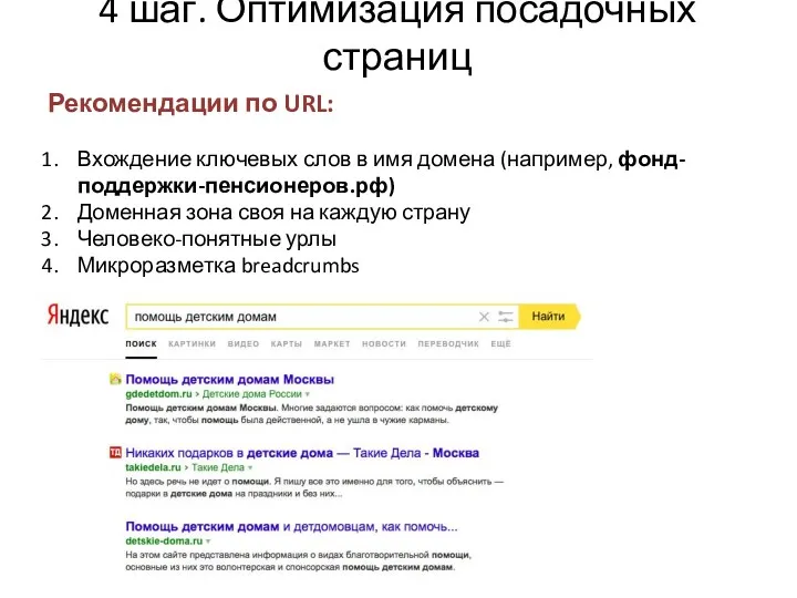 4 шаг. Оптимизация посадочных страниц Рекомендации по URL: Вхождение ключевых