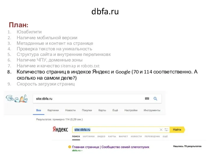 dbfa.ru План: Юзабилити Наличие мобильной версии Метаданные и контент на