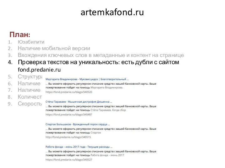 artemkafond.ru План: Юзабилити Наличие мобильной версии Вхождения ключевых слов в