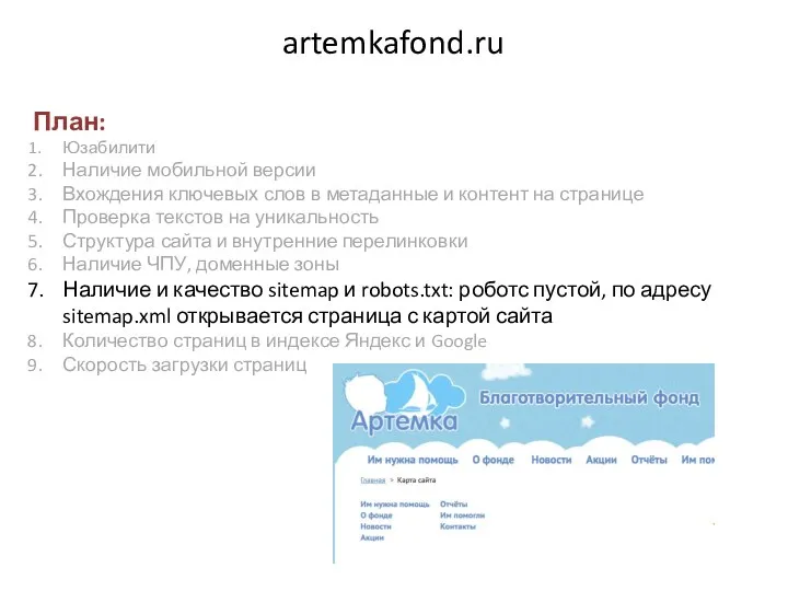 artemkafond.ru План: Юзабилити Наличие мобильной версии Вхождения ключевых слов в