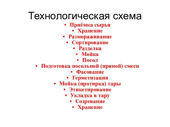 Технологическая схема Приёмка сырья Хранение Размораживание Сортирование Разделка Мойка Посол