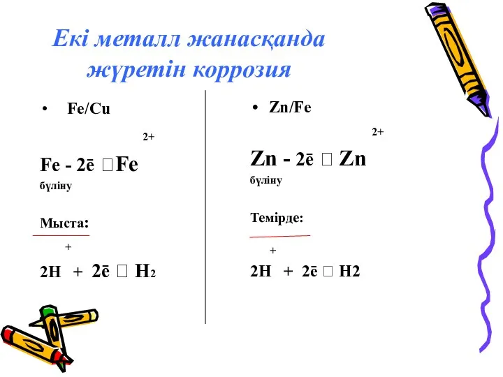 Екі металл жанасқанда жүретін коррозия Fe/Cu 2+ Fe - 2ē