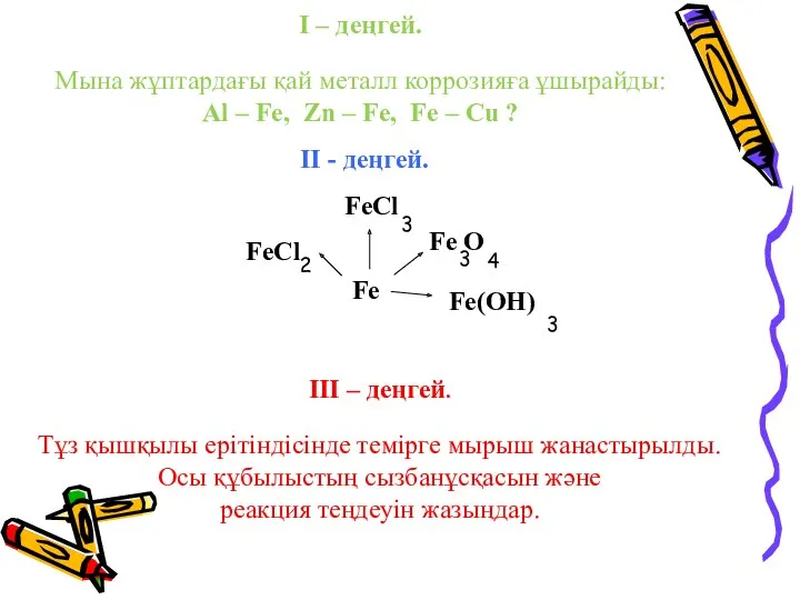 I – деңгей. Мына жұптардағы қай металл коррозияға ұшырайды: Al