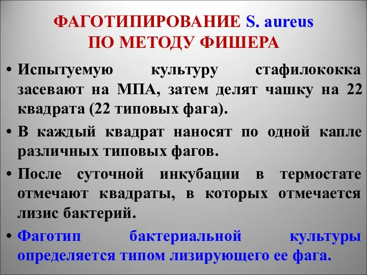 ФАГОТИПИРОВАНИЕ S. aureus ПО МЕТОДУ ФИШЕРА Испытуемую культуру стафилококка засевают