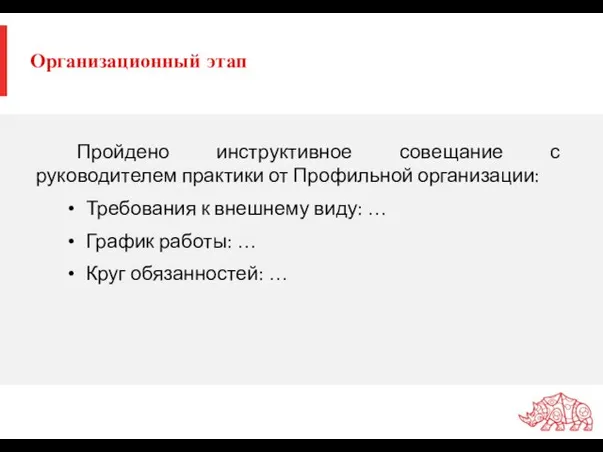 Организационный этап Пройдено инструктивное совещание с руководителем практики от Профильной