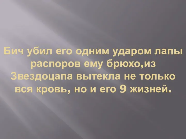 Бич убил его одним ударом лапы распоров ему брюхо,из Звездоцапа