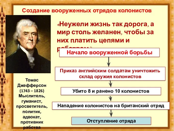 Создание вооруженных отрядов колонистов Томас Джефферсон (1743 – 1826) Мыслитель, гуманист, просветитель, политик,