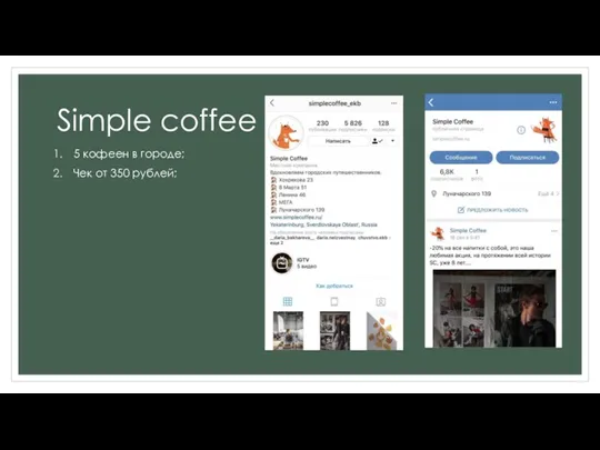 Simple coffee 5 кофеен в городе; Чек от 350 рублей;