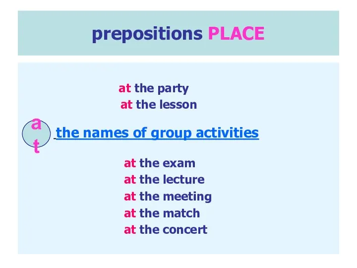 prepositions PLACE at the party at the lesson at the