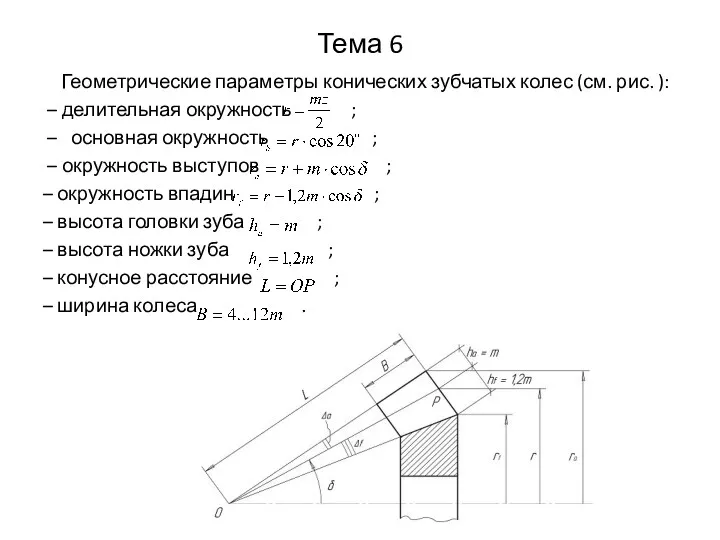 Тема 6 Геометрические параметры конических зубчатых колес (см. рис. ):