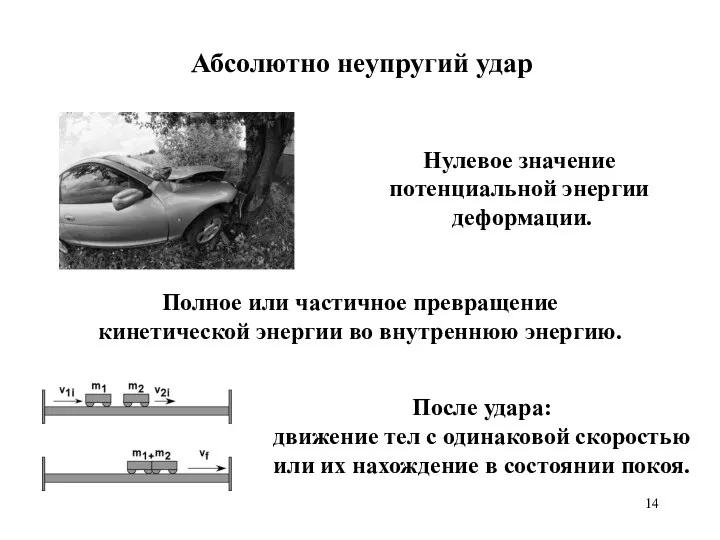 Абсолютно неупругий удар Нулевое значение потенциальной энергии деформации. Полное или