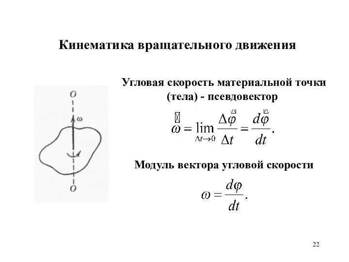 Кинематика вращательного движения Угловая скорость материальной точки (тела) - псевдовектор Модуль вектора угловой скорости