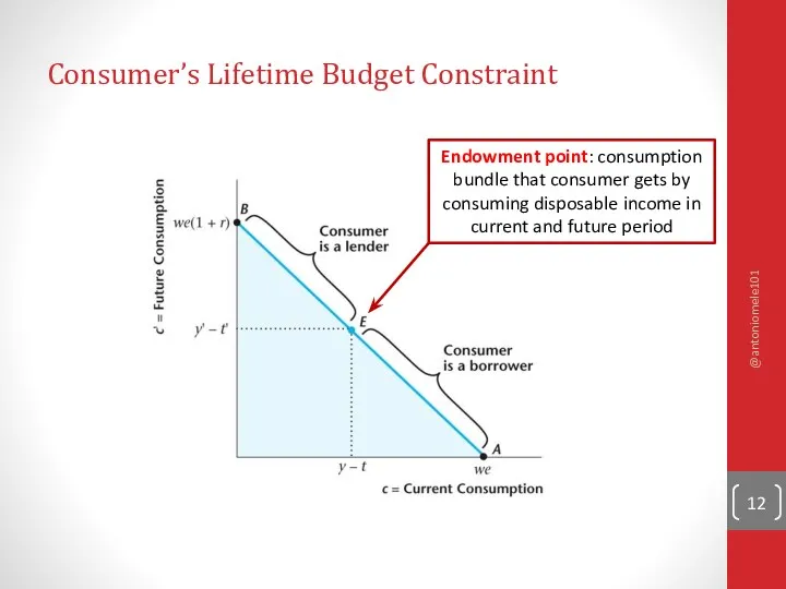 Consumer’s Lifetime Budget Constraint Endowment point: consumption bundle that consumer