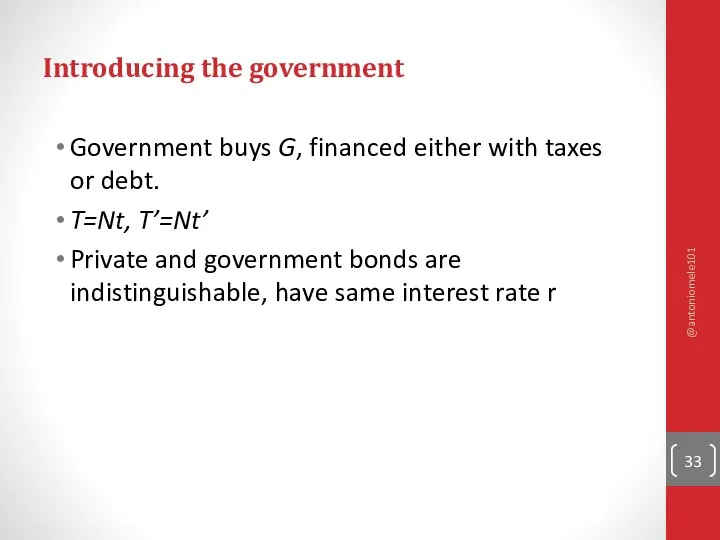 Introducing the government Government buys G, financed either with taxes