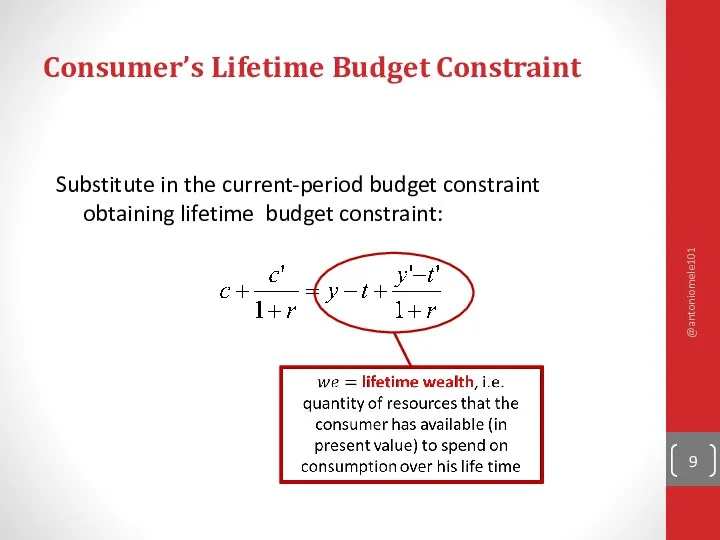 Consumer’s Lifetime Budget Constraint Substitute in the current-period budget constraint obtaining lifetime budget constraint: @antoniomele101