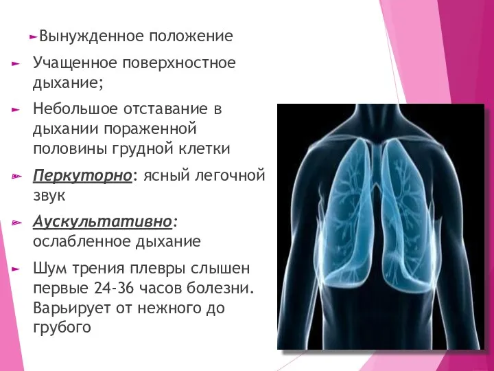Вынужденное положение Учащенное поверхностное дыхание; Небольшое отставание в дыхании пораженной половины грудной клетки