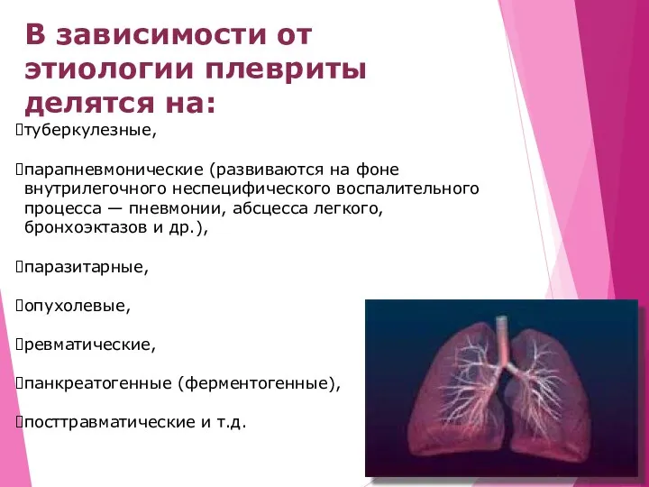 В зависимости от этиологии плевриты делятся на: туберкулезные, парапневмонические (развиваются на фоне внутрилегочного