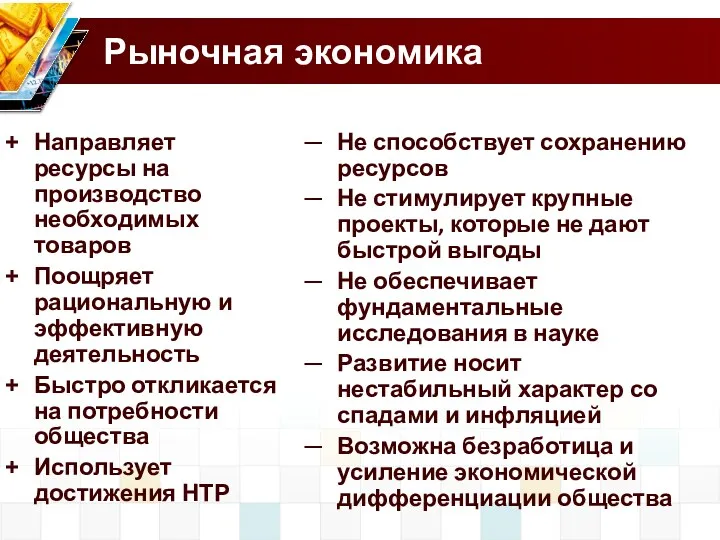 Рыночная экономика Направляет ресурсы на производство необходимых товаров Поощряет рациональную