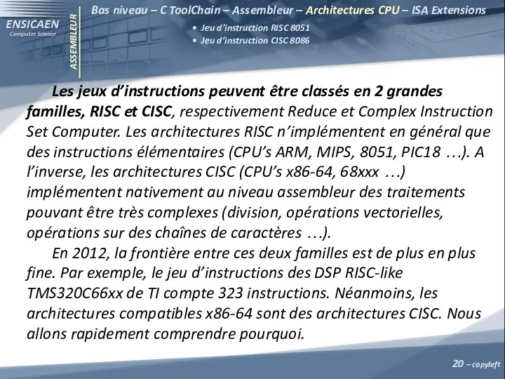 ASSEMBLEUR Bas niveau – C ToolChain – Assembleur – Architectures CPU – ISA