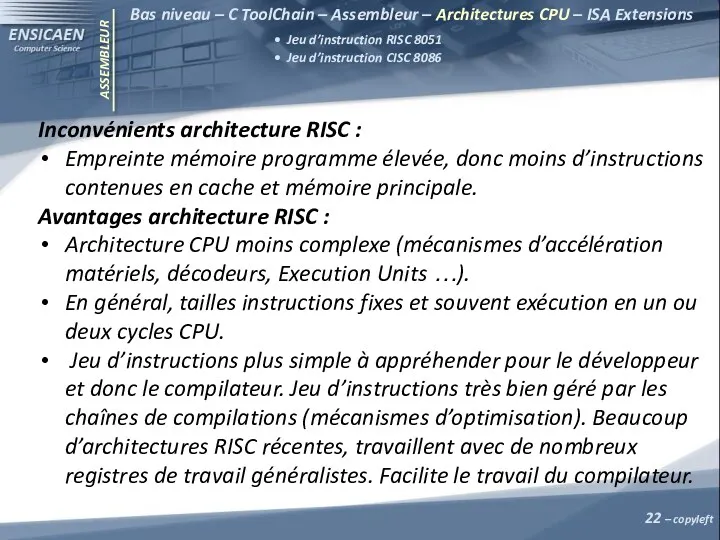 ASSEMBLEUR Inconvénients architecture RISC : Empreinte mémoire programme élevée, donc moins d’instructions contenues
