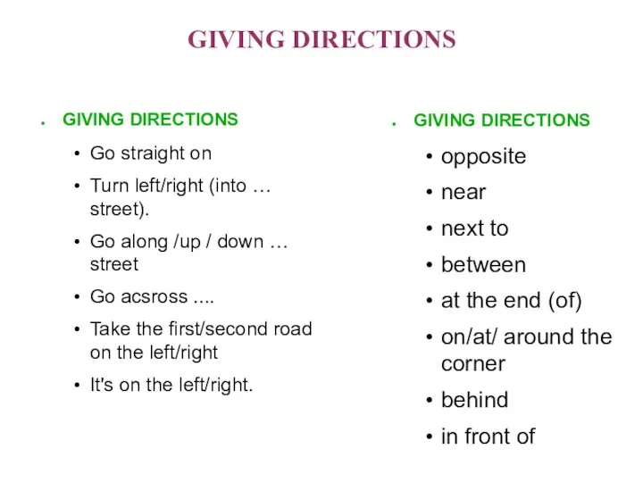 GIVING DIRECTIONS GIVING DIRECTIONS Go straight on Turn left/right (into