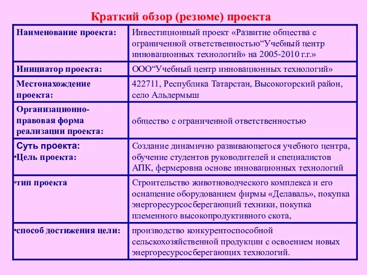 Краткий обзор (резюме) проекта