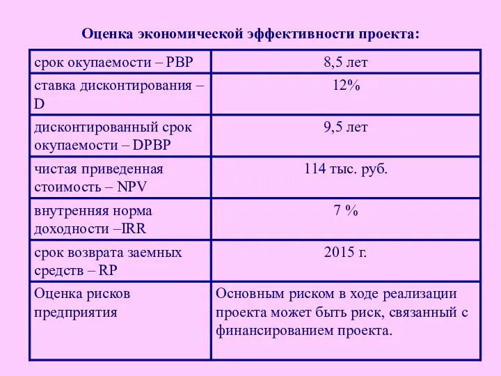 Оценка экономической эффективности проекта: