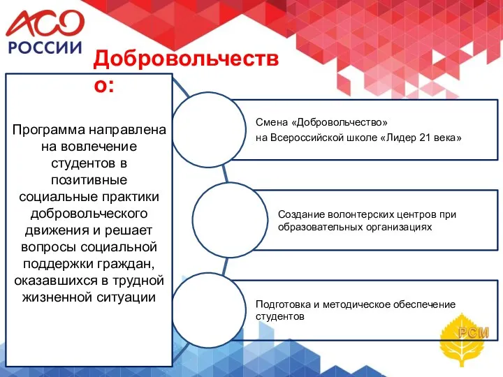 Программа направлена на вовлечение студентов в позитивные социальные практики добровольческого