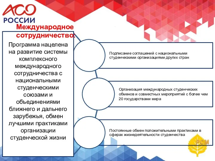 Программа нацелена на развитие системы комплексного международного сотрудничества с национальными студенческими союзами и