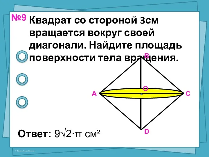 Квадрат со стороной 3см вращается вокруг своей диагонали. Найдите площадь поверхности тела вращения.