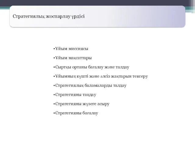 Стратегиялық жоспарлау үрдісі Ұйым миссиясы Ұйым мақсаттары Сыртқы ортаны бағалау