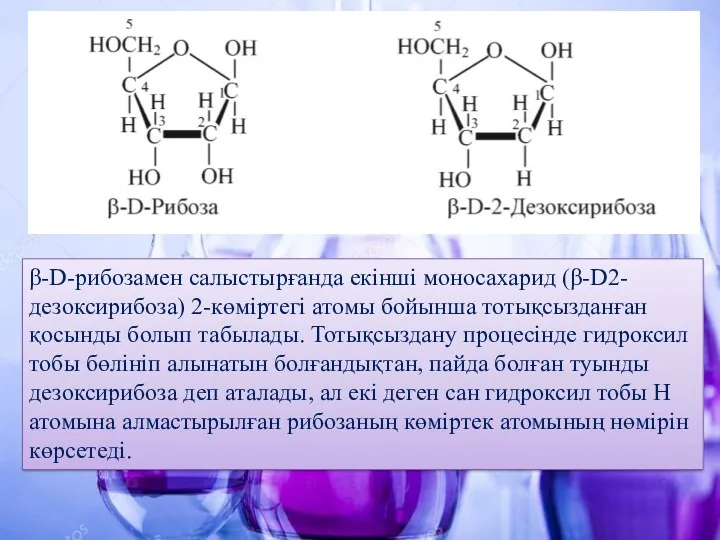 β-D-рибозамен салыстырғанда екінші моносахарид (β-D2-дезоксирибоза) 2-көміртегі атомы бойынша тотықсызданған қосынды болып табылады. Тотықсыздану