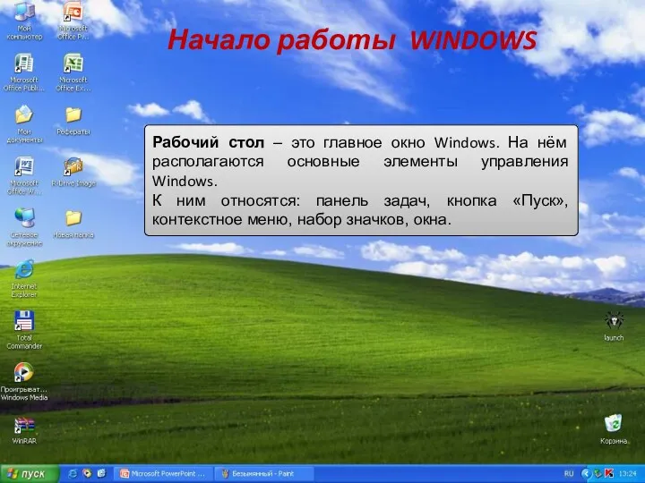 Начало работы WINDOWS Рабочий стол – это главное окно Windows.