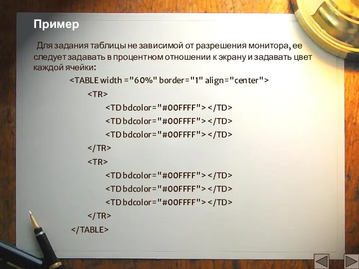 Пример Для задания таблицы не зависимой от разрешения монитора, ее