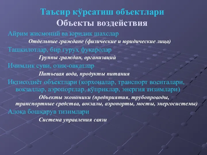 Таъсир кўрсатиш объектлари Объекты воздействия Айрим жисмоний ва юридик шахслар