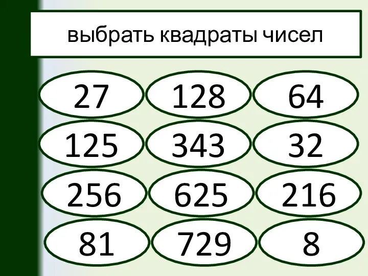 выбрать квадраты чисел 128 64 125 343 216 625 256 32 81 27 729 8