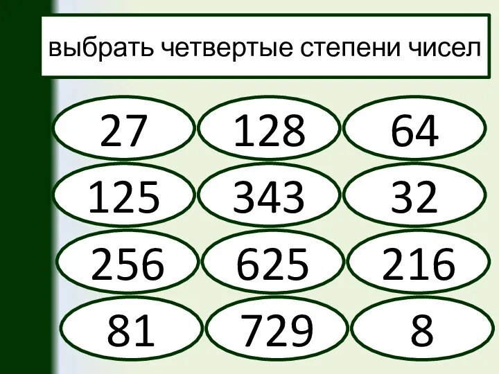 выбрать четвертые степени чисел 128 64 125 343 216 625 256 32 81 27 729 8