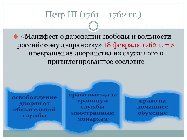 Петр III (1761 – 1762 гг.) «Манифест о даровании свободы и вольности российскому