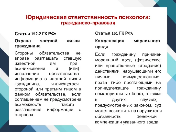 Юридическая ответственность психолога: гражданско-правовая Статья 152.2 ГК РФ: Охрана частной