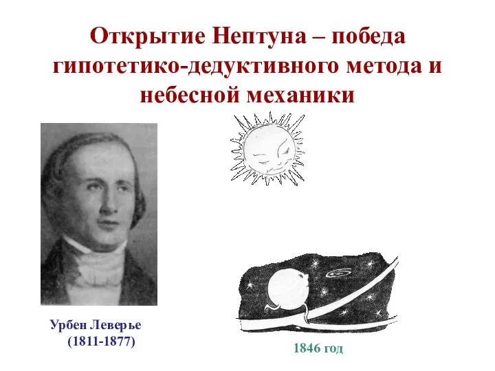 Открытие Нептуна – победа гипотетико-дедуктивного метода и небесной механики Урбен Леверье (1811-1877) 1846 год