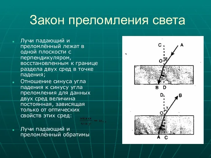 Закон преломления света Лучи падающий и преломлённый лежат в одной