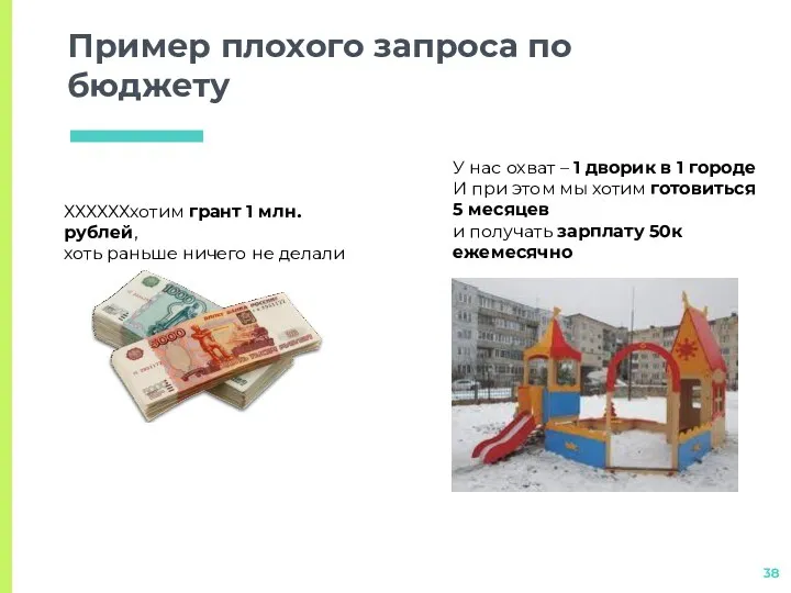 Пример плохого запроса по бюджету ХХХХХХхотим грант 1 млн.рублей, хоть раньше ничего не