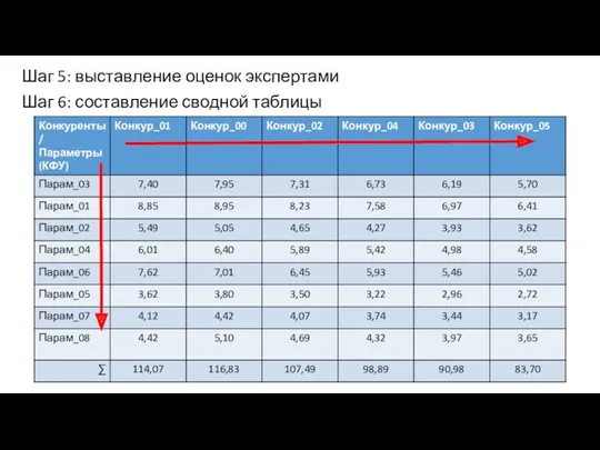 Шаг 5: выставление оценок экспертами Шаг 6: составление сводной таблицы