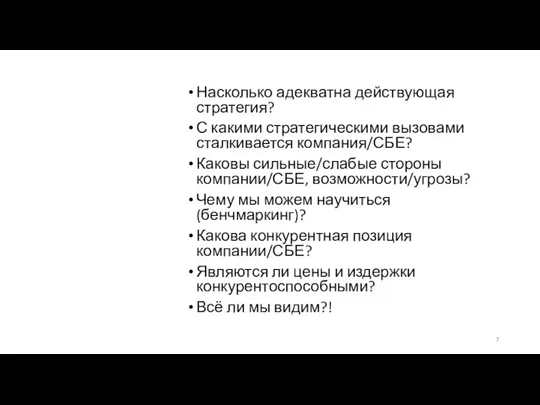 Насколько адекватна действующая стратегия? С какими стратегическими вызовами сталкивается компания/СБЕ?